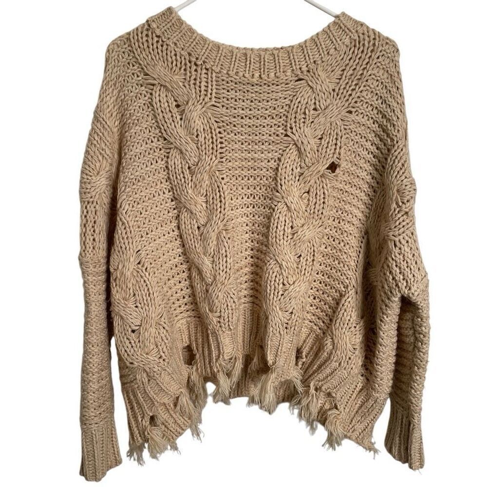 She + Sky Womens Chunky Knit Cropped Sweater OS Beige Frayed Hem Fisherman Flaw